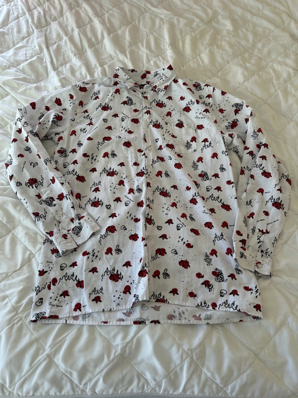 Reason White Button-Up Shirt with Red & Black Rose Graphic Print